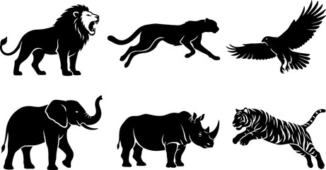 Wild Animal Silhouette Icon Set Featuring Roaring Lion Cheetah Eagle Elephant Rhinoceros and Jumping Tiger Graphic Vector Design Elements for Logos © MdMohsin