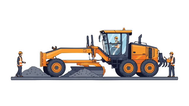 Industrial Motor Grader Machine and Construction Workers Illustration - Heavy Equipment for Road Building and Ground Leveling, Isolated Vector on White Background