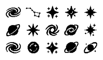 Cosmic Icons Set, Celestial Galaxy and Star Vector Graphics, Space Astronomy Symbols Collection, Black and White Design Elements © PixelArtBox