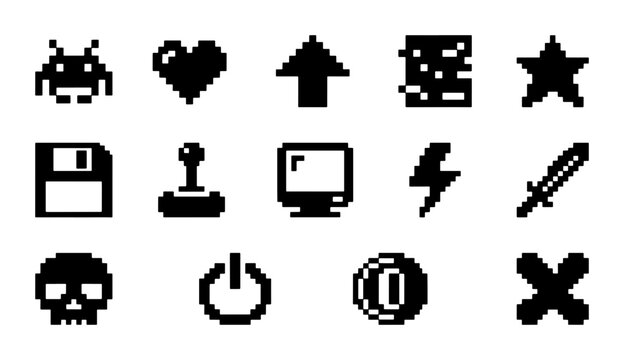 Retro Pixel Art Game Icons Set, 8-Bit Video Game Graphics, Vintage Arcade Symbols, Digital Assets for Gaming and Nostalgia