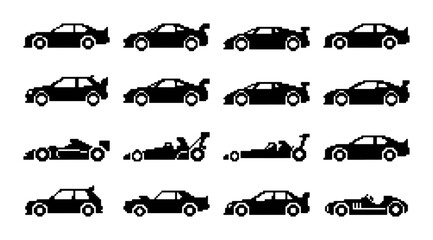 Obraz premium Set of 16 Black Silhouette Sports Cars, Racing Vehicles, and Classic Automobiles Vector Icons for Automotive Design and Transportation Graphics
