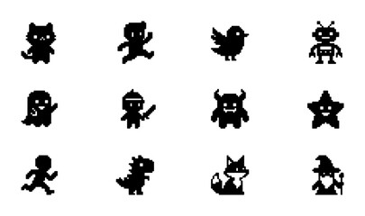 Obraz premium Pixel Art Icons Set: Cute Characters, Animals, Monsters, and Fantasy Figures for Games and Apps, Vector Graphics