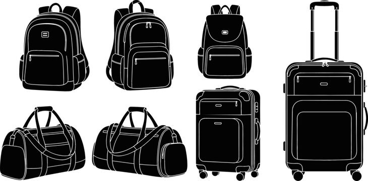 Travel Luggage and Baggage Silhouette Vector Icon Set Featuring Suitcases Backpacks and Duffle Bags for Tourism Vacation and Travel Agent Designs