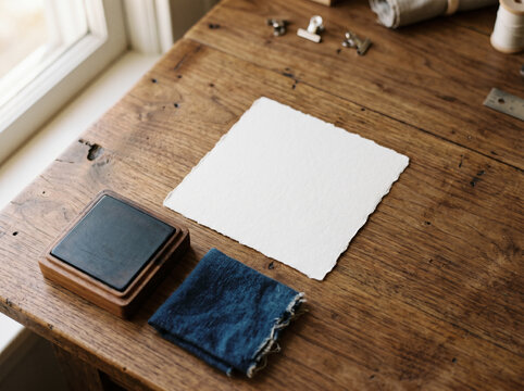 Mockup Template for a Square Textured Paper with Deckled Edge on a Wooden Desk