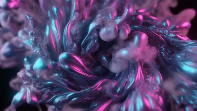 Swirling metallic liquid paint mixing with vibrant pink and blue neon colors