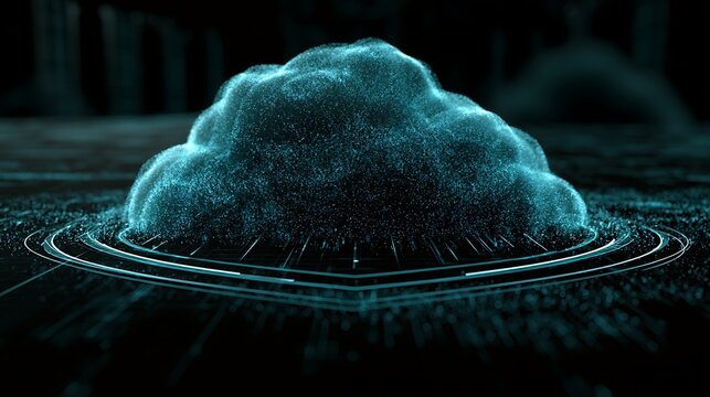 quantum encrypted cloud network, futuristic digital shield protecting data servers, glowing cyan particles, high tech cybersecurity concept
