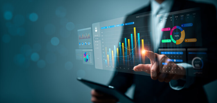 Business analytics dashboard and data visualization concept with professional analyzing performance metrics, financial statistics and growth trends using digital business intelligence interface