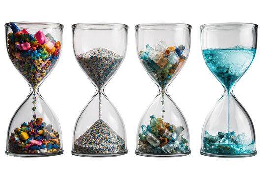 Four clear glass hourglasses filled with various medications and a blue liquid, illustrating the passage of time. Isolated on a white background.