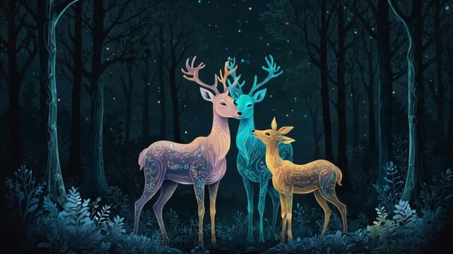 surreal fantasy doodle neon deers in front of night forest. Fairy tale motion
