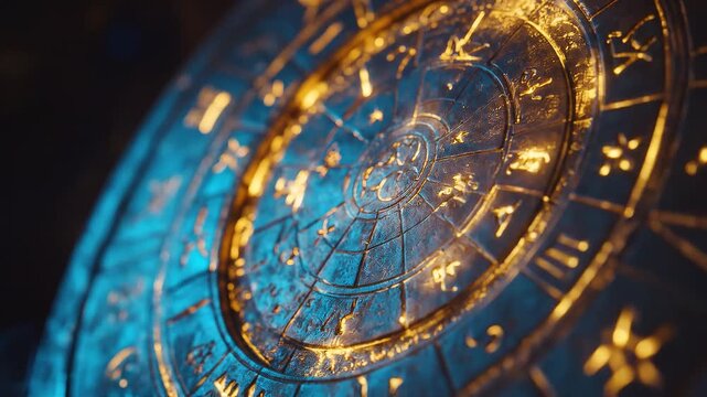 Zodiac wheel with golden symbols on blue celestial map astrology chart with star signs and ancient constellations.