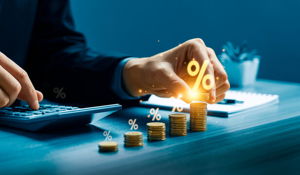 Business professional calculating financial interest growth by stacking gold coins with glowing percentage symbol and calculator on desk, representing investment return, interest rate strategy
