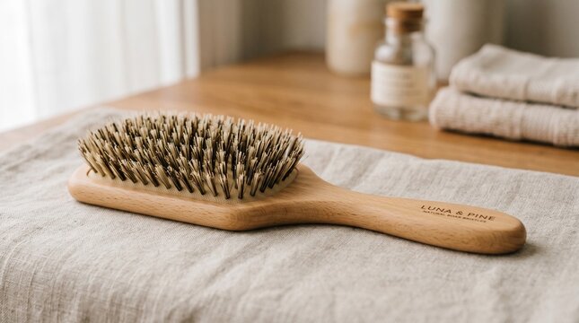 Realistic image of a light wooden hairbrush with natural bristles, clean product shot