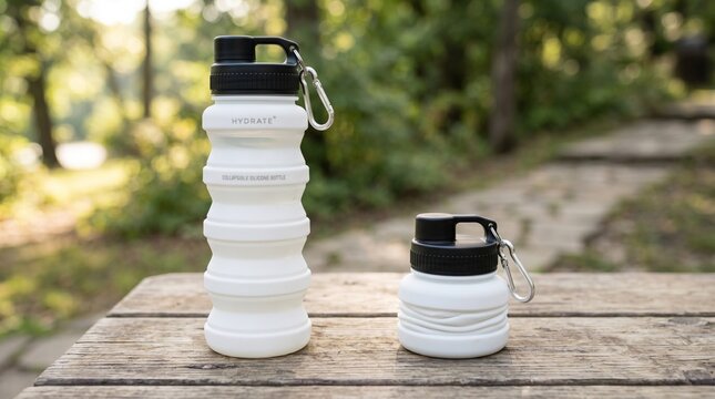 Realistic image of a white silicone collapsible collapsible water bottle, folded and unfolded view