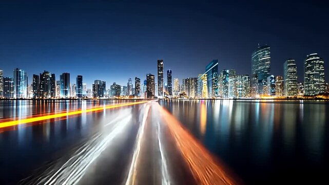 Stunning Night Skyline of a City with Bright Lights and Reflections