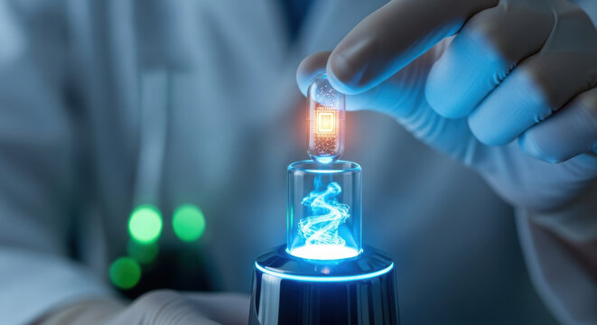 Personalized medicine pill capsule hologram lab scientist futuristic technology healthcare research innovation treatment