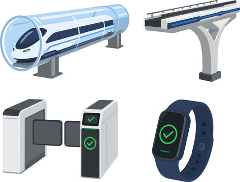 Futuristic High Speed Vacuum Tube Hyperloop Train Vector Icon Set with Monorail Track Ticket Gate and Smart Watch Pass Illustrations