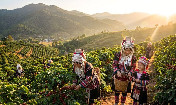 Wide cinematic shot of coffee harvest day in Northern Thailand, Doi Chang mountain region, rows of coffee trees heavy with red cherries, three generations of Akha hill tribe family harvesting together