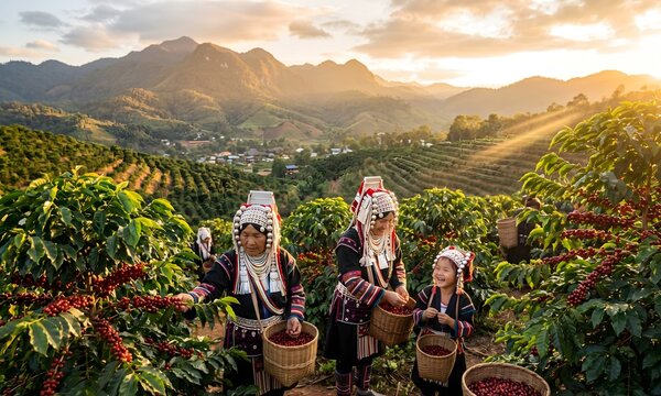 Wide cinematic shot of coffee harvest day in Northern Thailand, Doi Chang mountain region, rows of coffee trees heavy with red cherries, three generations of Akha hill tribe family harvesting together