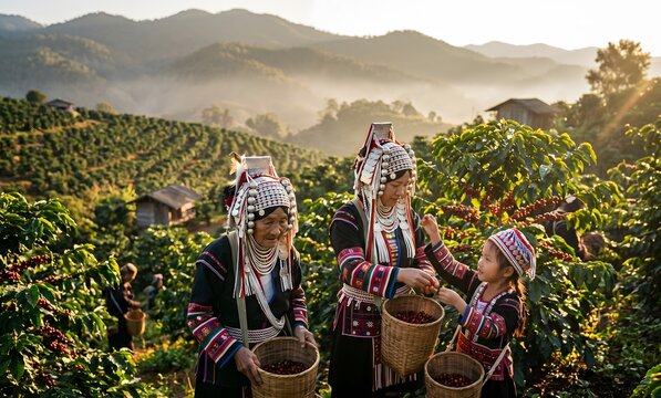 Wide cinematic shot of coffee harvest day in Northern Thailand, Doi Chang mountain region, rows of coffee trees heavy with red cherries, three generations of Akha hill tribe family harvesting together
