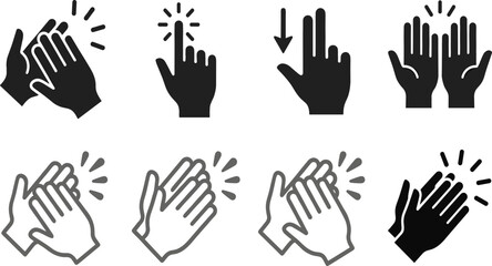 Obraz premium Hand Gesture Vector Icon Set Featuring Clapping Hands Applause Touching Screen Swiping Down and Open Palms High Five Silhouette Illustrations