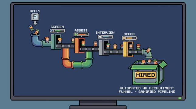 Pixel art automated HR recruitment funnel and gamified hiring pipeline concept inside computer screen.