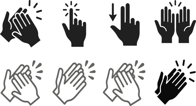 Hand Gesture Vector Icon Set Featuring Clapping Hands Applause Touching Screen Swiping Down and Open Palms High Five Silhouette Illustrations
