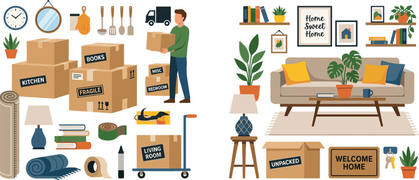 House Moving and Home Relocation Vector Set Featuring Cardboard Boxes Delivery Man Trolley Living Room Furniture and Home Decor Illustrations