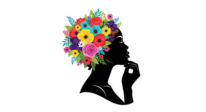 Black Woman Silhouette with Colorful Floral Crown, Thinking Pose