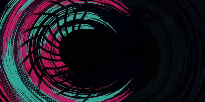 An abstract wallpaper design featuring a swirling digital camera lens pattern with glowing colorful circles, fractals, and a red motion trail spiraling into a deep black space tunnel