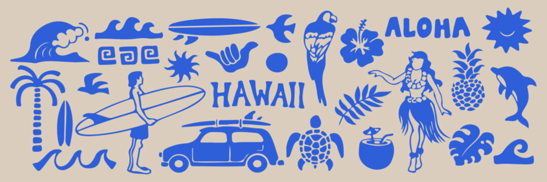 Set of beach flower birds icons.