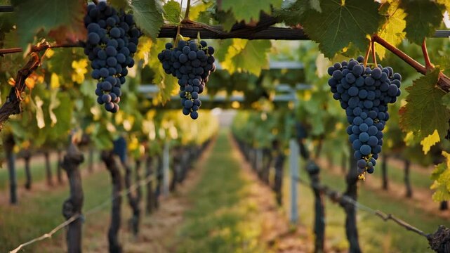 Clusters of ripe purple grapes hanging on vines in a vineyard