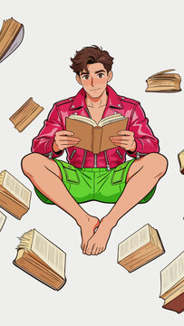 Young Male Character Reading Book Surrounded by Floating Books