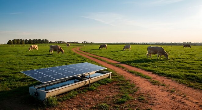 Solar panel in green pasture landscape.