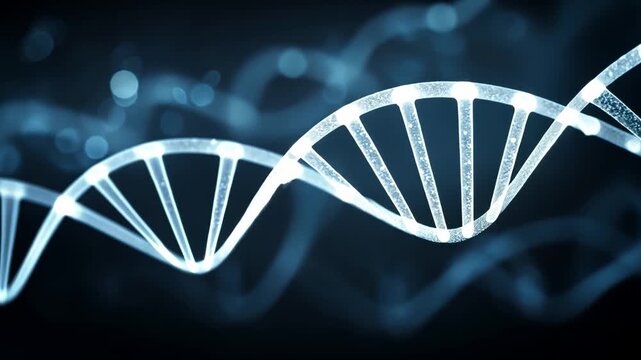 Glowing DNA Helix Structure with Molecular Background in Blue Light