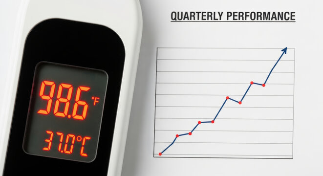 Healthcare growth statistics concept with digital thermometer display near upward line chart on paper showing quarterly performance for analysis