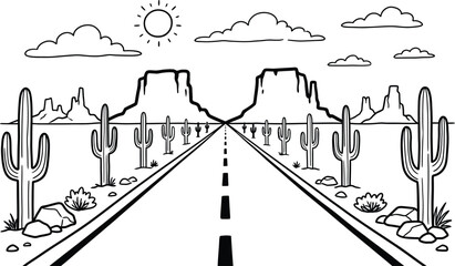 Fototapeta premium Desert road with cacti and mountains coloring page