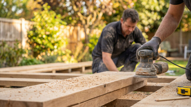Carpenter sanding a wooden beam with an electric sander outdoors in a garden setting, focusing on woodworking and home improvement