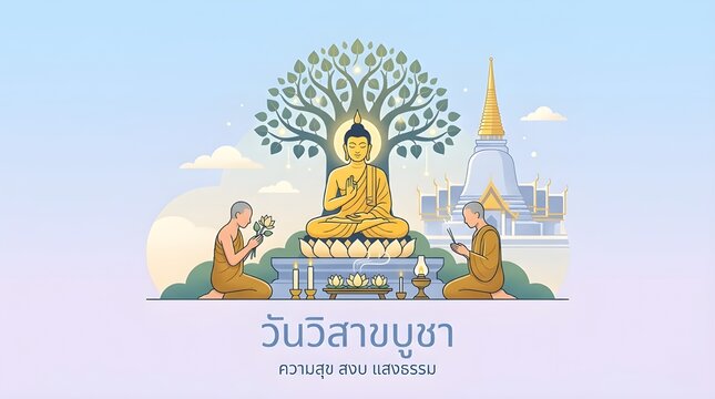 Visakha Bucha Day Vector Illustration with Lord Buddha Meditating Under Bodhi Tree and People Holding Candles