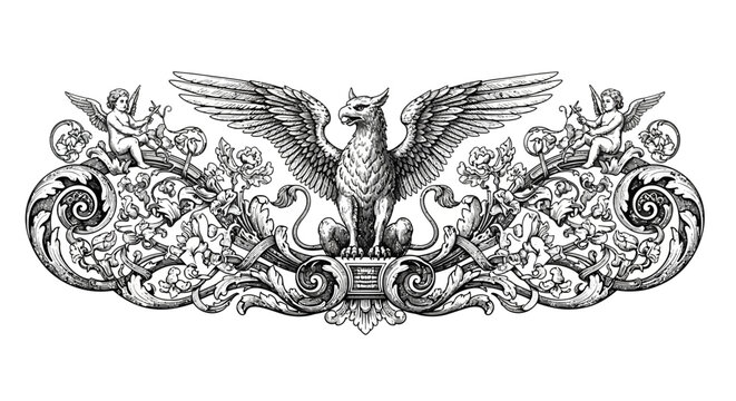 Monochrome vector artwork featuring a central griffin flanked by cherubs and ornate floral elements, evoking a vintage aesthetic