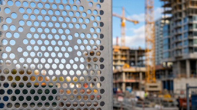 Perforated metal sheet fence in front of a construction site with cranes and unfinished highrise buildings in the background