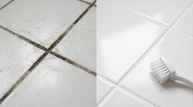 Before and after cleaning dirty white tile floor with grout lines using a scrub brush, comparison of stained and clean ceramic tiles
