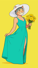 Fototapeta premium Anthropomorphic Cat Woman in Elegant Gown Holding Yellow Daisies