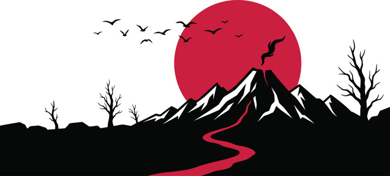 Vibrant mountain landscape with red sun and winding path