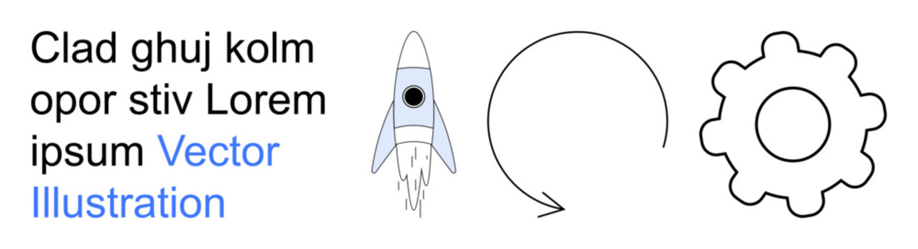 Innovation, process management, workflow, technology, development, and teamwork. Minimalistic rocket, curved arrow and gear symbol. Innovation and process management concept