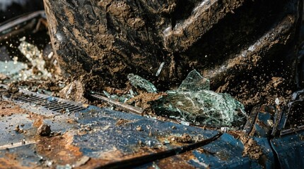 Fototapeta premium Giant muddy monster truck tire smashing old blue car, scattering shattered glass, mud, debris outdoors. Raw power.