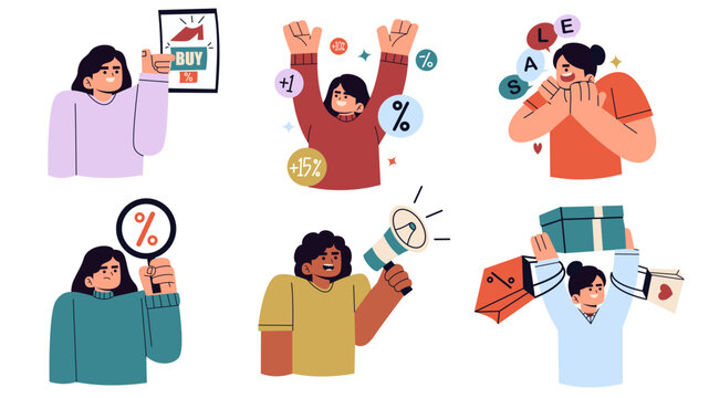 Flat vector illustration set of happy consumers and marketers celebrating retail sales and discount promotions. graphic clip art bundle for e-commerce banner, special offer flyer, and web poster.