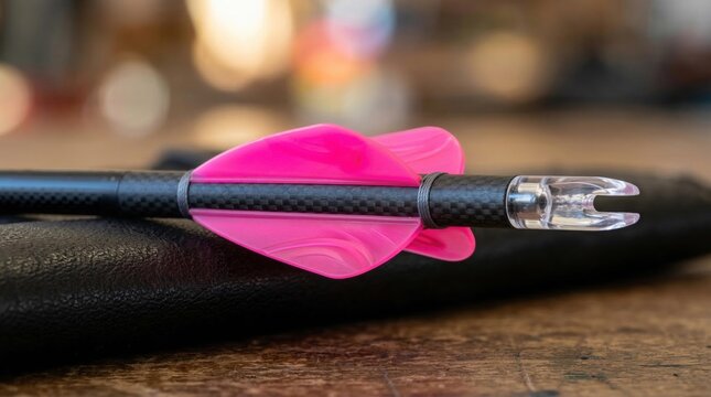 Carbon arrow with vibrant pink fletching and clear nock, modern archery equipment closeup on wooden table indoors.