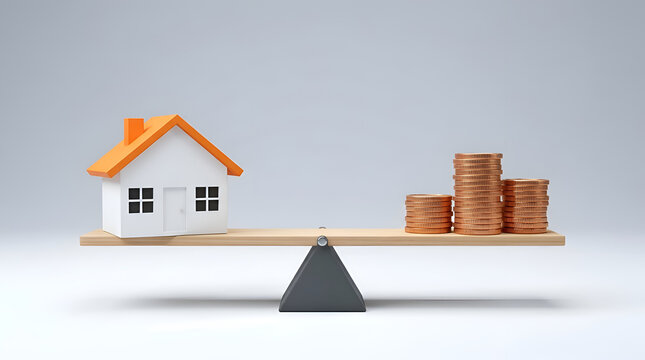 Concept of real estate investment and wealth growth represented by a house and coins on a balance scale