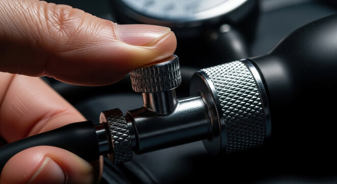 Blood pressure monitor valve close up with hand adjusting metal knob for diabetes health check and care device