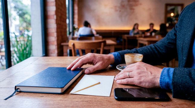 Espa&ccedil;o de trabalho elegante com caderno e envelope em mesa de caf&eacute; para produtividade e neg&oacute;cios